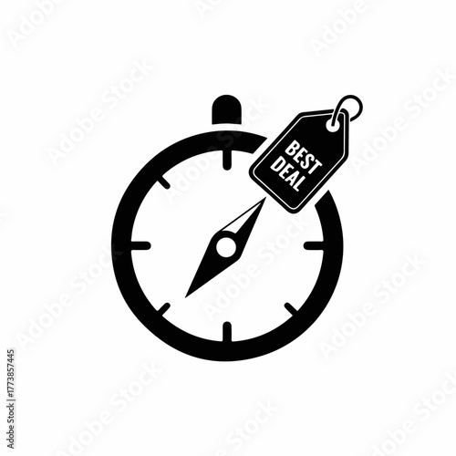 Compass with best deal tag represents guidance for sales. Best deal navigation with navigation compass suggests where to find shopping offers, and directions. Conceptual best deal to direct buyers.