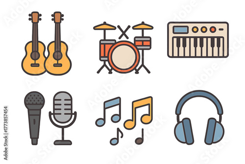 Colorful set of music instruments: acoustic guitars, drum set, synthesizer, microphones, and headphones