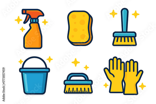 Brightly colored household cleaning supplies set featuring spray bottle, sponge, bucket, and protective gloves
