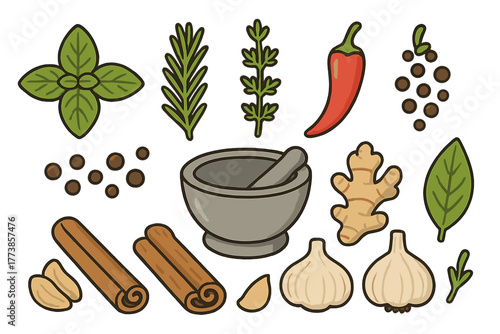 Set of aromatic culinary ingredients featuring basil rosemary chili pepper ginger garlic and cinnamon