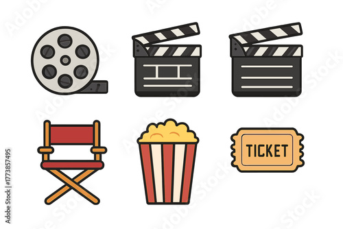 Clapperboard, director chair, popcorn, and ticket symbols representing film and cinema production