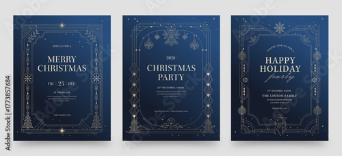 Luxury Blue and Gold Christmas or New Year Party Flyer with Art Deco Gatsby Style Frame