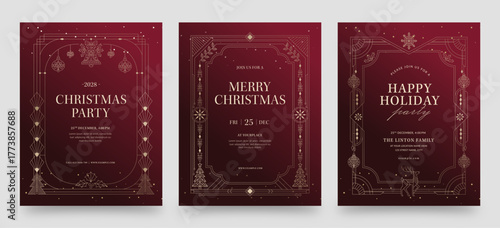 Luxury Christmas Invitation Flyer Poster Template with Art Deco Border Frame on Burgundy Background