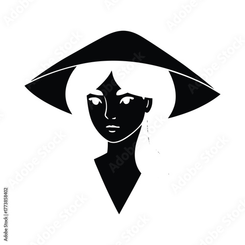 Black and white portrait of a young woman wearing a conical hat vector