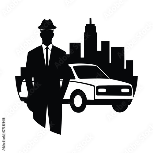 Black silhouette of a man in a suit and hat next to a car with city skyline white