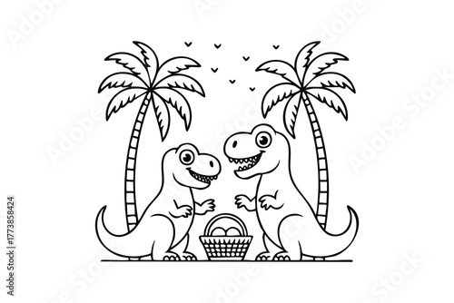 Two cute cartoon dinosaurs with a basket of eggs isolated on white background