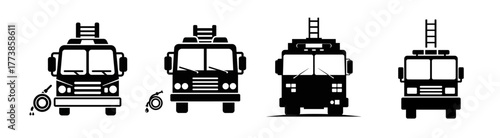 Four fire trucks with ladders on top, front view, black and white illustration.