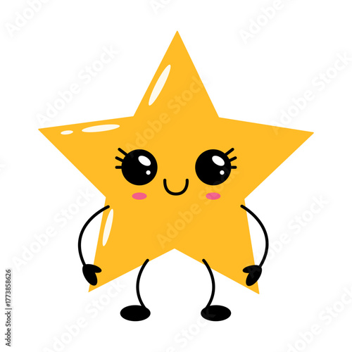 Cute kawaii star character with big eyes and happy smile