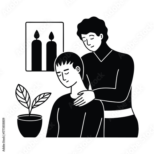Two people comforting each other with a plant and candles in the background support empathy