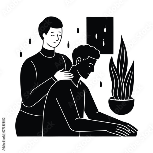 Two men in black silhouette receiving massage therapy with plant male relaxation