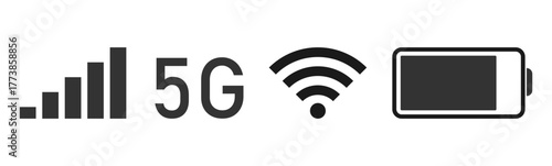 Smartphone status bar battery wifi signal icons vector illustration, Mobile phone 5g network and battery status icons. Transparent PNG background and vector illustration.