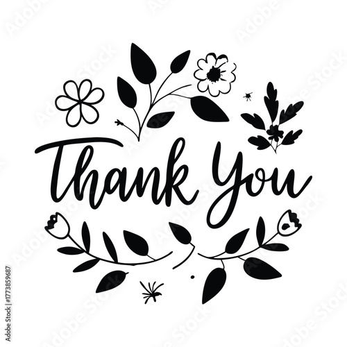 Black thank you text with floral elements on white background lettering calligraphy