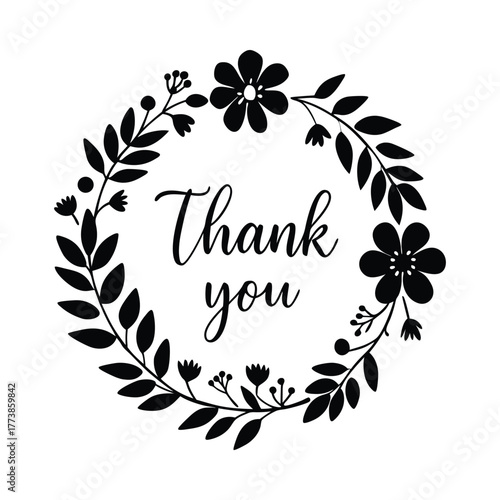 Black floral wreath with thank you text on white background card message