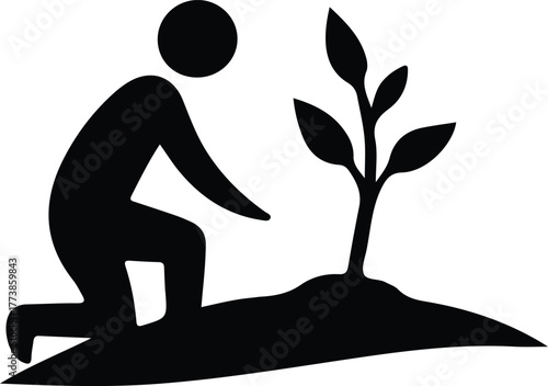 Silhouette volunteer planting tree seedling conservation and growth Vector illustration