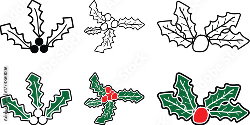 Christmas Holly Leaves and Berries Hand Drawn Vector Illustration Set.