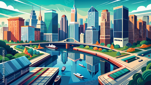 Very beautiful aerial view of the Chicago River in the morning, featuring boats cruising between bridges, city traffic, and reflections of modern skyscrapers in the calm water.