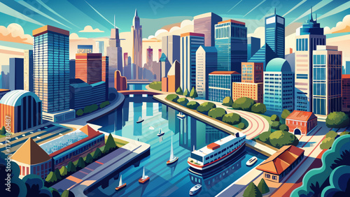 Very beautiful aerial view of the Chicago River in the morning, featuring boats cruising between bridges, city traffic, and reflections of modern skyscrapers in the calm water.