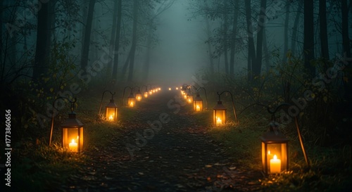 Eerie Path Illuminated by Lanterns Through a Dense Forest at Night