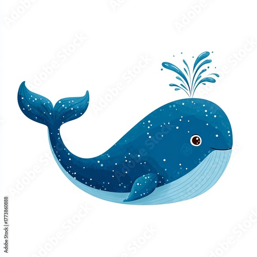 A cheerful illustration of a whale, spouting water with joy and bubbles. The whale is colored in shades of blue with a happy expression on its face