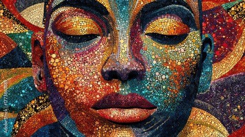 Vibrant ethnic mosaic art depicting an African woman's face, showcasing colorful patterns and intricate designs that celebrate cultural heritage and beauty