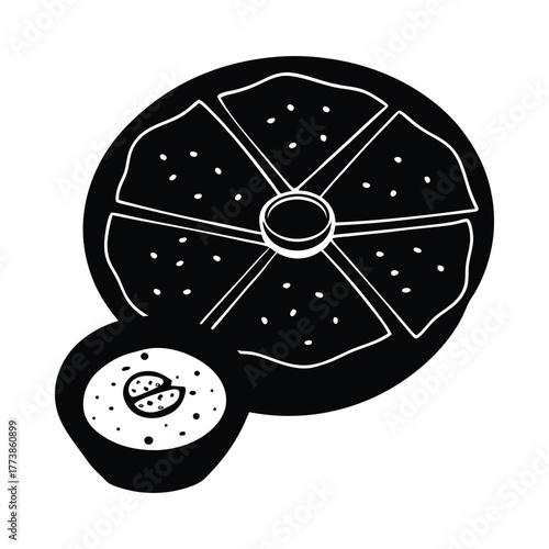Black and white illustration of nachos with salsa dip food snack