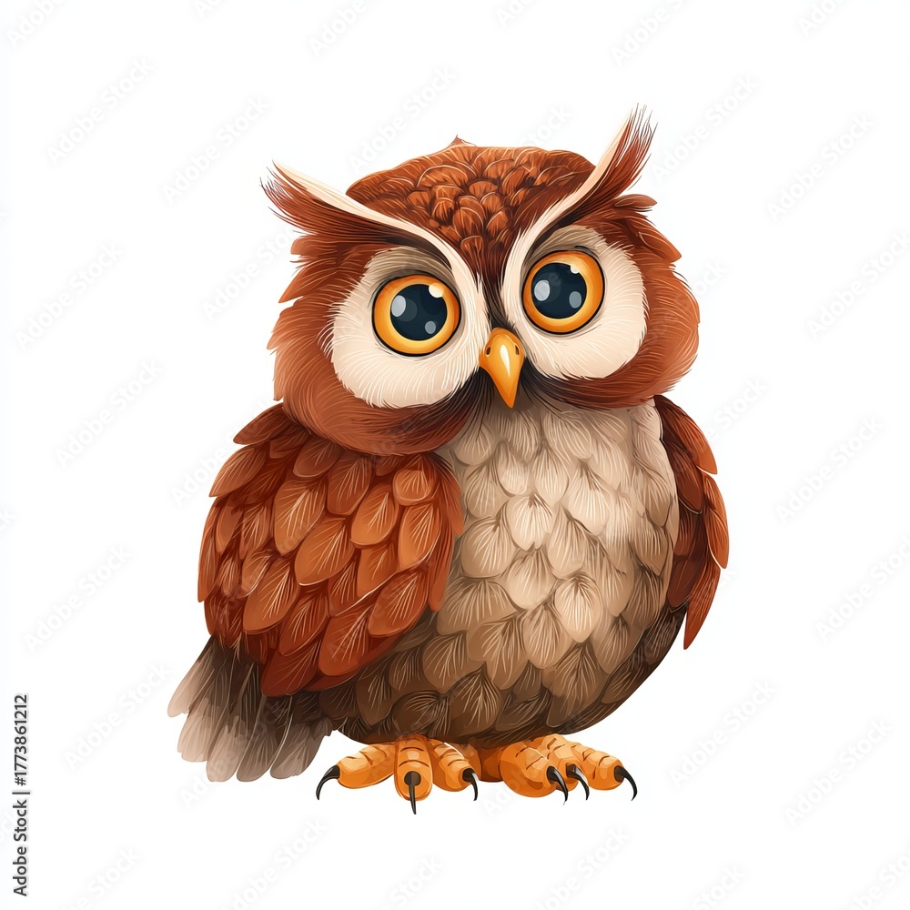 Fototapeta premium A charming illustration of a cute owl with big eyes, evoking curiosity and intelligence. The owl is detailed with brown and white feathers