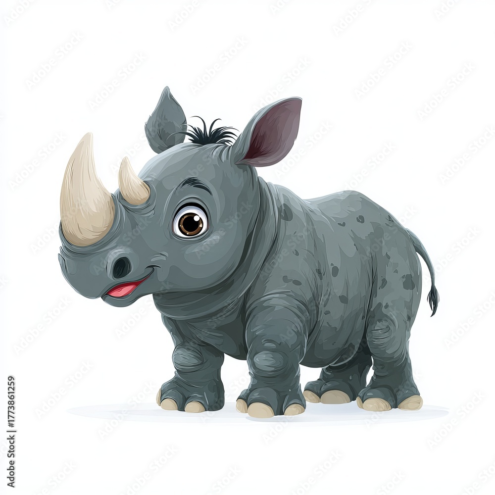 Fototapeta premium A charming cartoon rhinoceros with a gray body, a pointed horn, and a gentle smile