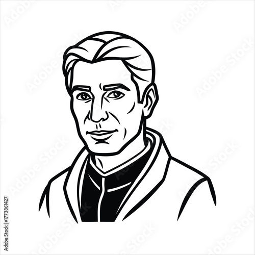 Illustration of a man isolated on white background, showcasing his portrait with a coat, capturing his facial features and expression in a simple design