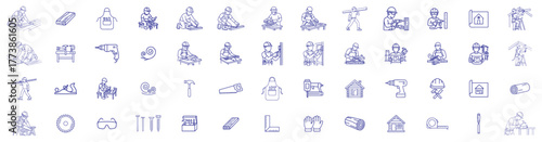Carpenter Working Line Icons Set Construction Worker Outline Vector Pack  Faceless Human with Safety Gear, Woodworking Tools, and Site Equipment Thin  Stroke