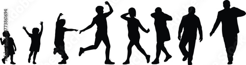 Silhouette of people walking, running, and dancing at different life stages, family generation evolution, motion, lifestyle, activity, and growth concept  of people walking, running, and dancing at 