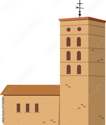 Vector illustration of a historic Spanish church with a bell tower and traditional architecture.