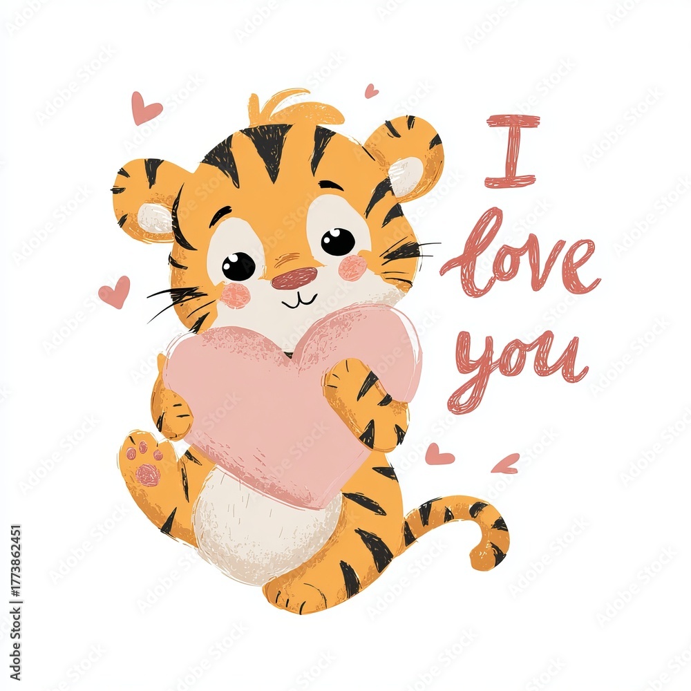Obraz premium An adorable tiger holding a pink heart with the words I love you. The image is a heartwarming illustration