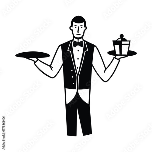 A man in a tuxedo vest and bow tie holds trays with food waiter server