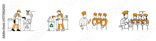 Kitchen Staff Operations Waste Management and Team Briefing vector illustration 