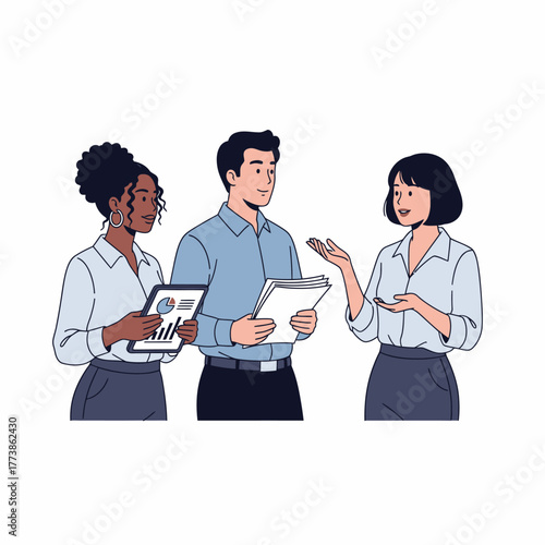 Three Diverse Business Professionals in Formal Attire Discussing Data and Ideas.