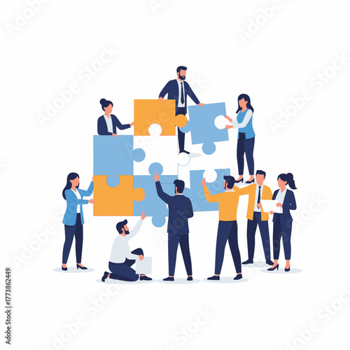 A diverse team of business professionals in formal attire collaborating to build a large blue and orange jigsaw puzzle, symbolizing teamwork and strategy.