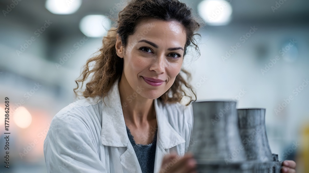 Obraz premium A smiling woman in a lab coat examines a model of industrial cooling towers in a bright laboratory setting