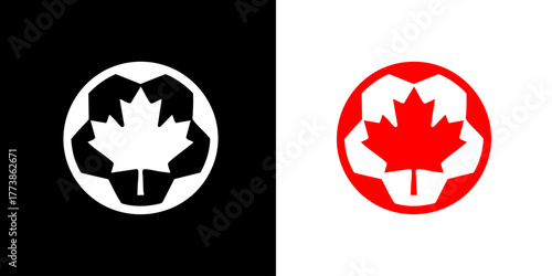 Canada soccer logo design with maple leaf and football symbol in red and white for national sports branding