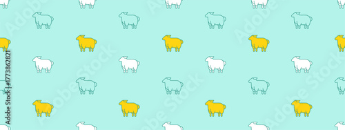 Seamless pattern with cute sheep on blue backdrop. Hand drawn summer background with lambs. Cartoon kid pattern with geometric sheep, vector illustration
