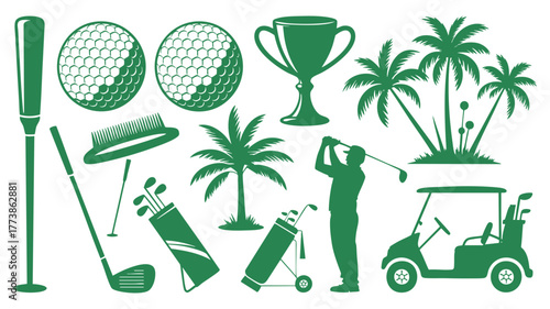 Green golf icons and silhouettes collection