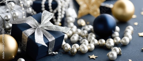 Two elegantly wrapped gifts sit on a soft light blue surface, adorned with stylish blue ribbons and white snowflakes