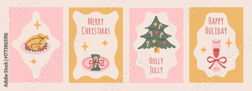 Set of four cute Christmas and New Year greeting cards. Hand-drawn doodle illustrations of a tree, roast turkey, gift, and festive drink.