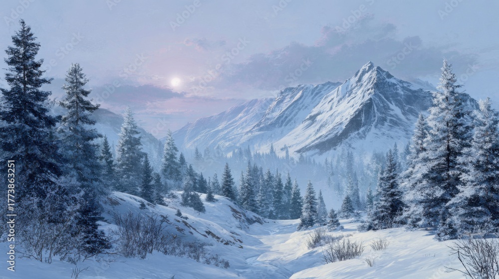 Fototapeta premium serene winter mountains with snow covered pines