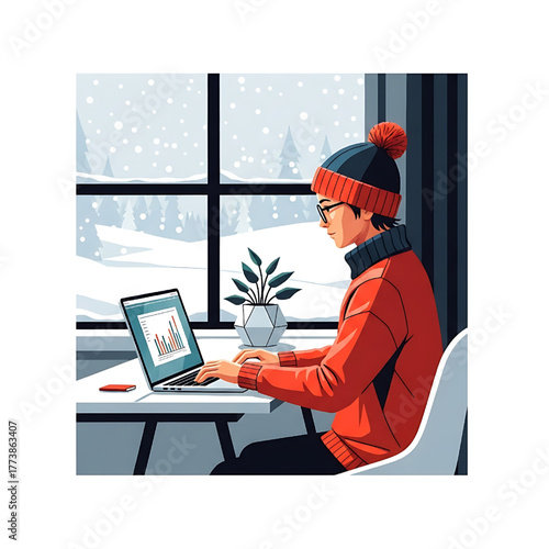Cozy Winter Workspace Person Analyzing Data on Laptop