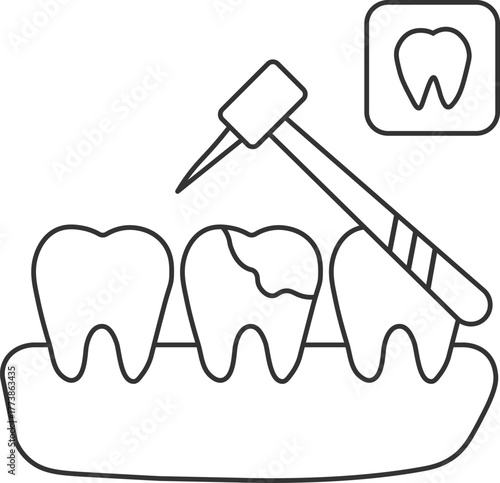 Dental care concept, dentist removing tartar or tooth decay, dentistry symbol, healthcare and oral hygiene vector icon, on a white background