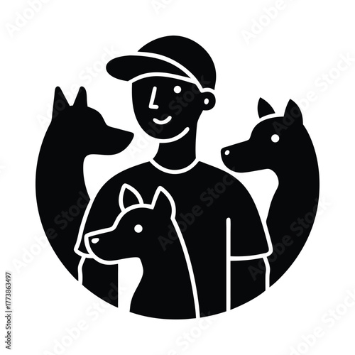 Black and white cartoon illustration of a man with three dogs vector