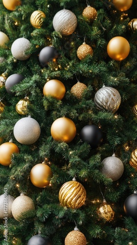 Vibrant red and gold ornaments adorn a lush evergreen tree, adding a cheerful touch to the holiday spirit in a cozy space