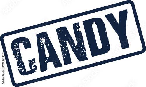 A vibrant dark blue distressed CANDY rubber stamp impression creates a playful textured graphic