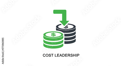A vector illustration depicts cost leadership, showing a stack of coins with a downward arrow, symbolizing financial efficiency and strategic business practices in a competitive market.