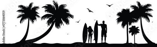 Silhouette of surfers with surfboards on tropical beach under palm trees with flying birds and ocean view in summer sunsetSilhouette of surfers with surfboards on tropical beach under palm trees 